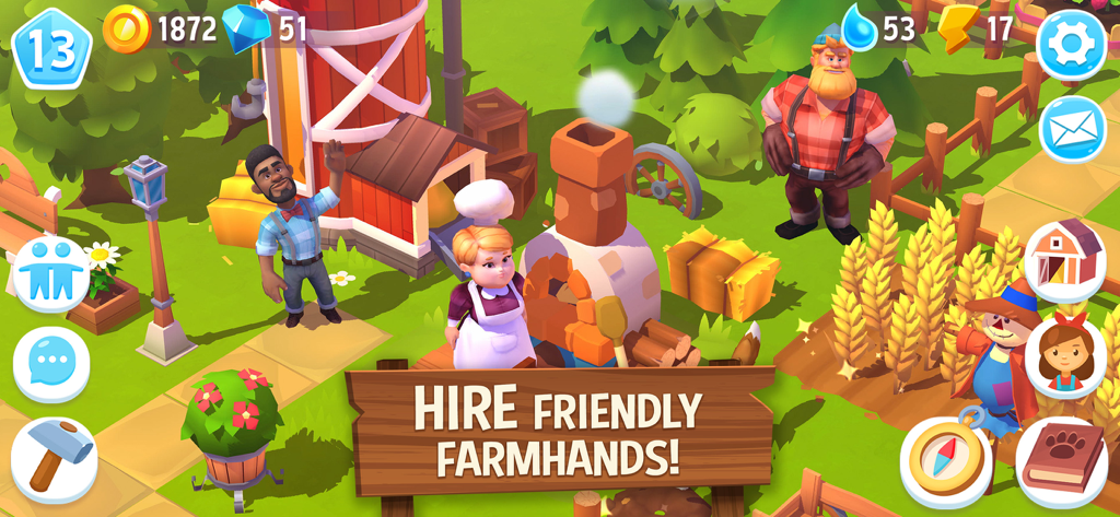 FarmVille 3 – Farm Animals - Gameplay-Screenshot von FarmVille 3 mit verschiedenen Farmarbeiter-Charakteren, die in der Nähe von Farmgebäuden und Pflanzen stehen, mit einem Schild mit der Aufschrift Stelle freundliche Farmarbeiter ein.