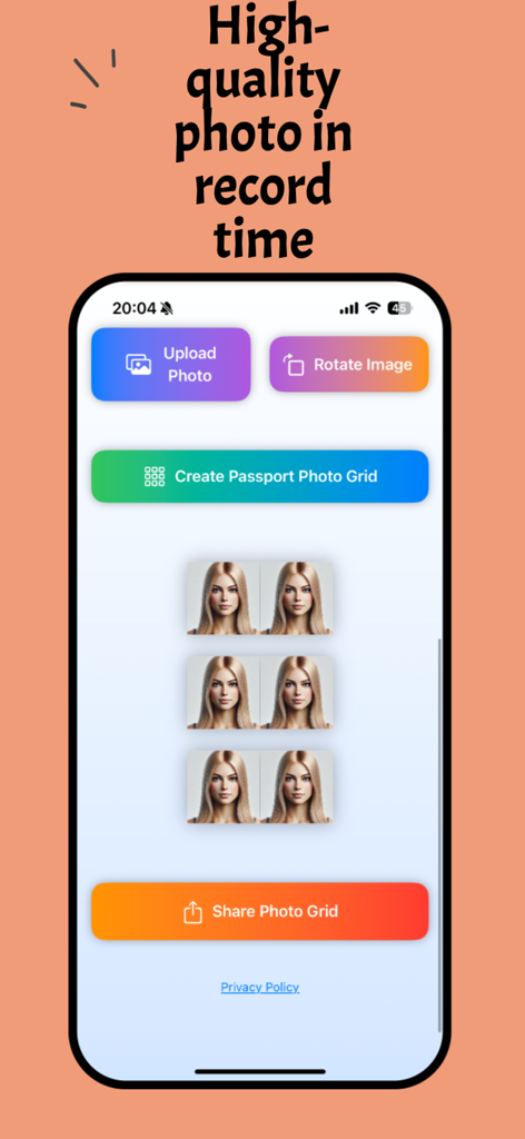 Passport Photo Grid - Interface of Passport Photo Grid app displaying a six photo grid on an iPhone