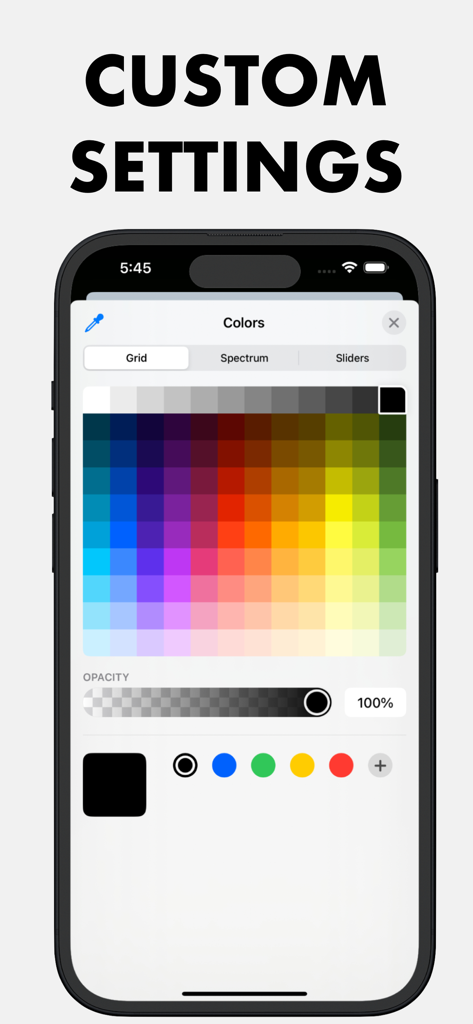 Manifest Affirmations : I Feel - Pantalla de smartphone que muestra la interfaz de configuración de color personalizada con una cuadrícula de selección de color y un control deslizante de opacidad para la aplicación Manifest Affirmations.