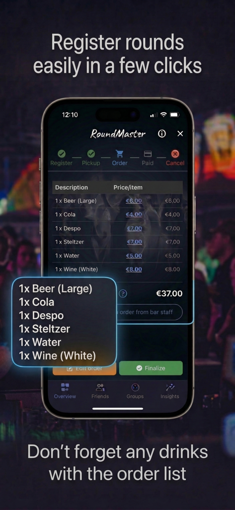 DrinkSync! - Interfaz de la aplicación DrinkSync que muestra una lista detallada de pedidos de bebidas para una ronda.