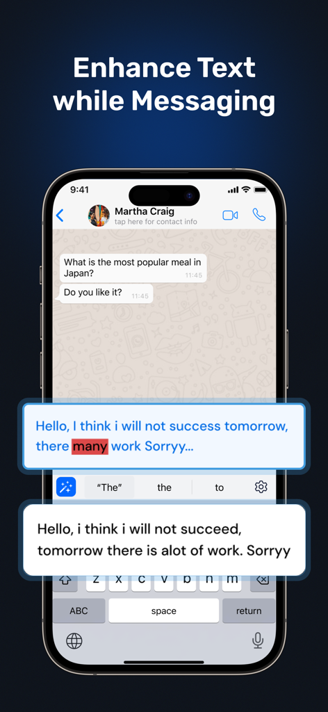 SwiftPress AI Writing Keyboard - SwiftPress AI keyboard interface correcting grammar and spelling errors within a mobile messaging app.