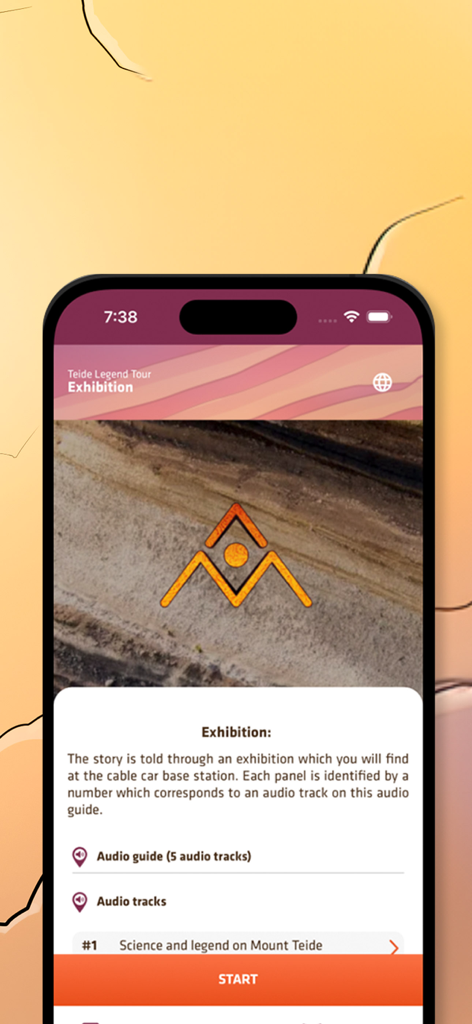 테이데 산의 오디오 가이드 트랙이 포함된 테이데 전설 앱 전시회 인터페이스