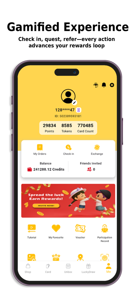 Interfaz del perfil de usuario de la aplicación Myluckymall que muestra puntos, tokens y recompensas de referencia.