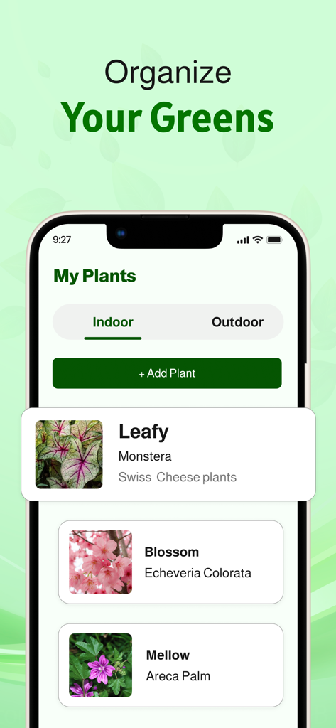 Plant Identifier &Disease Care - Interfaz de aplicación móvil que muestra la sección Mis Plantas donde los usuarios pueden organizar su colección de plantas de interior y exterior con fotos.
