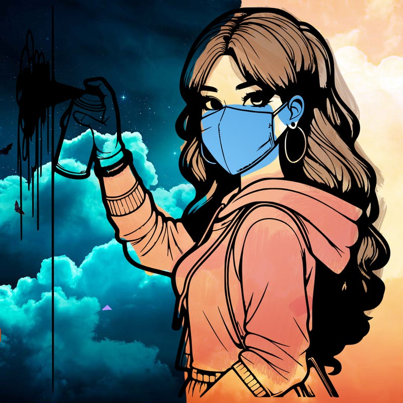 realistic girl with mask spray painting a wall