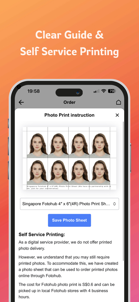 IC Photo Singapore Pro - A photo sheet with multiple passport photos and printing instructions in the app