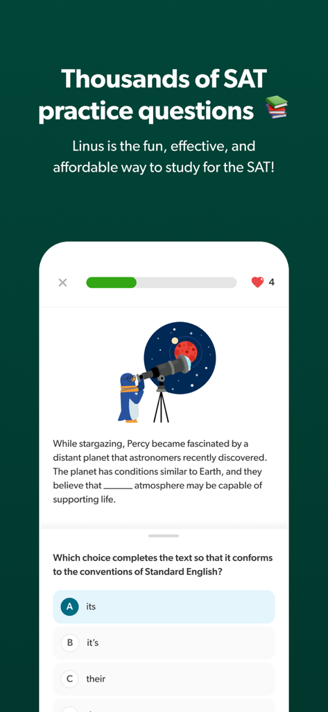 Linus: Digital SAT Prep - Interface of Linus Digital SAT Prep app showing a multiple choice practice question with a penguin mascot