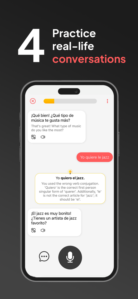 Smartphone screen showing LangAI app with real-time grammar feedback during a Spanish conversation