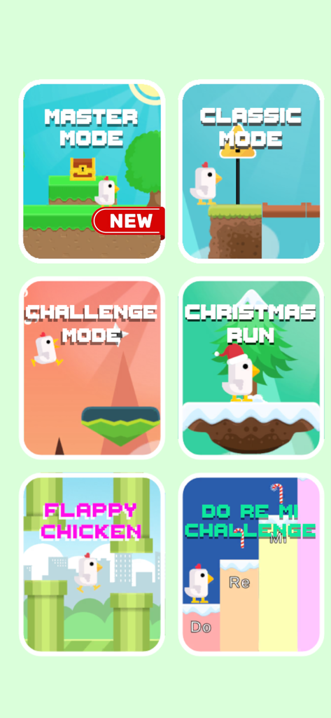 Scream Chicken Run app menu showing various game modes like Master Classic Christmas Run and Flappy Chicken
