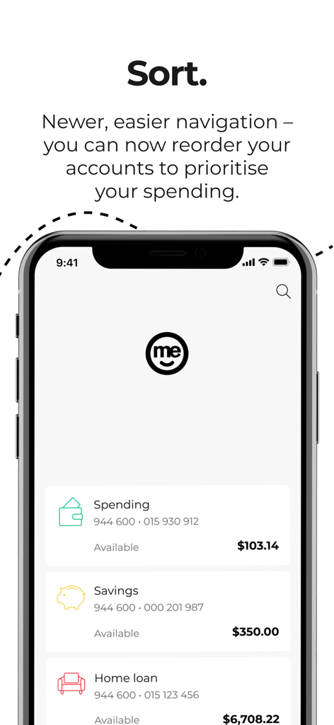 ME Bank - ME Bank mobile app showing account balances and the ability to reorder accounts