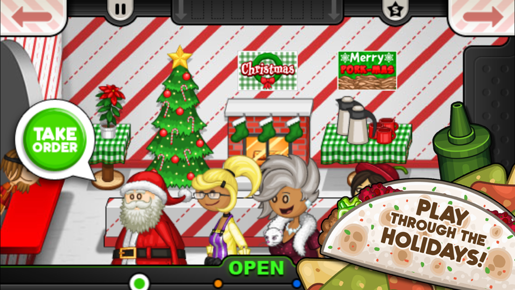 Lobby decorado de Navidad en Papa's Taco Mia To Go con un cliente de Papá Noel esperando en la fila