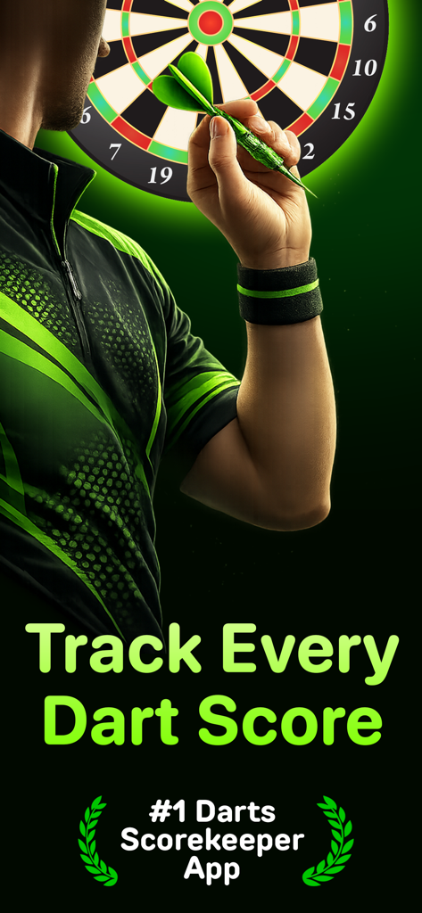 Darts Scoreboard: 501 & 301 - A player holding a green dart in front of a dartboard with the text Track Every Dart Score