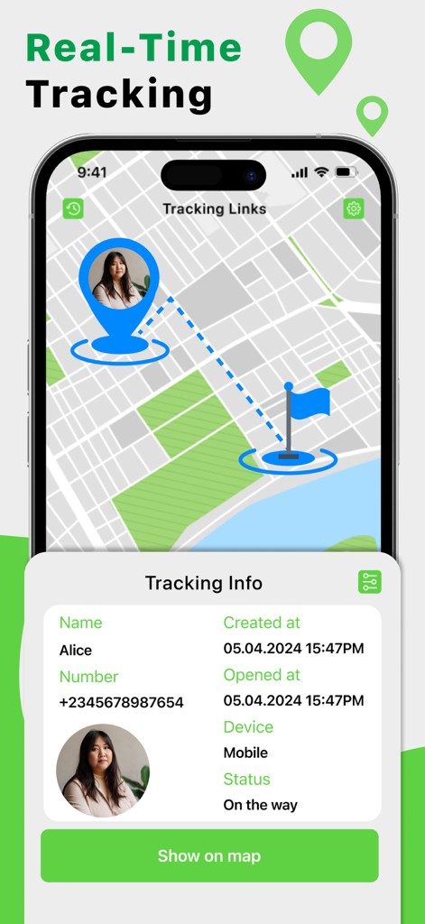 Real-time tracking interface showing location map and status details for a team member.