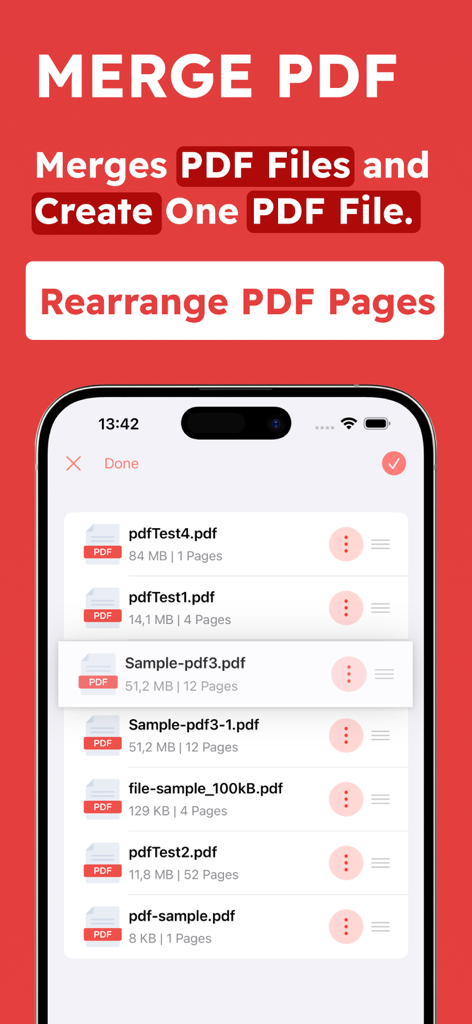 Combine & Merge PDF Converter - Mobile Benutzeroberfläche der Combine and Merge PDF-App, die eine Liste von Dokumenten anzeigt, die für die Zusammenführung in eine einzelne Datei neu angeordnet werden.