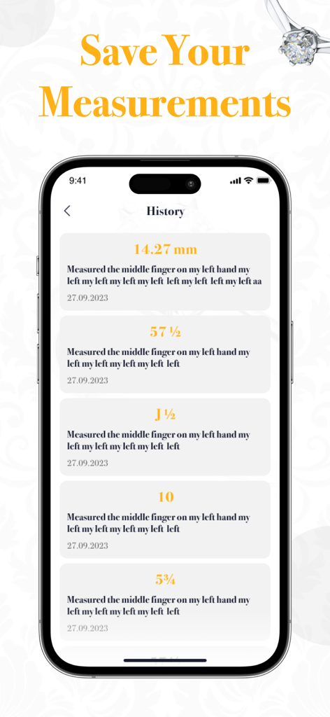 A mobile screen showing a history log of saved ring size measurements in various units.