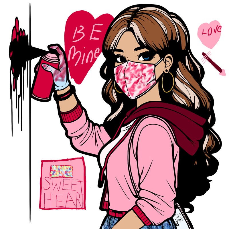 realistic girl with mask spray painting a wall