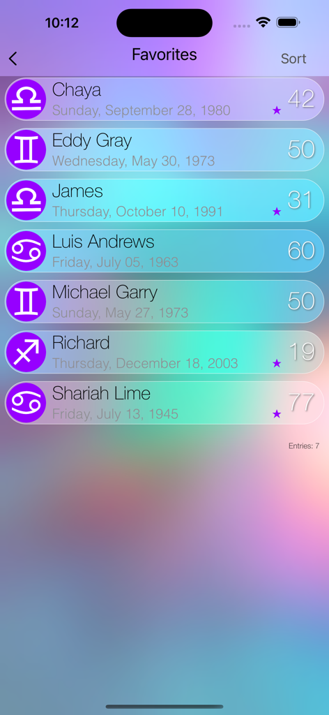 Favoritenliste in der myAge-App mit Namen, Geburtstagen, Altern und Sternzeichen von Freunden