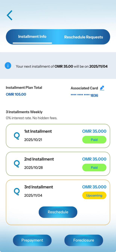 Dashboard of Qpay Oman app showing installment plan details with paid and upcoming payments
