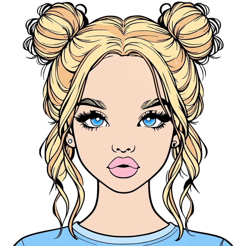 realistic girl with two buns in hair and lips