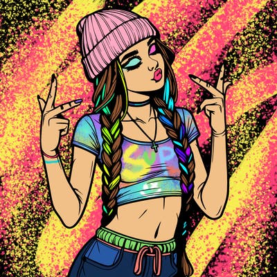 realistic teenage girl with braids and a beanie and crop top doing 🫶🏼