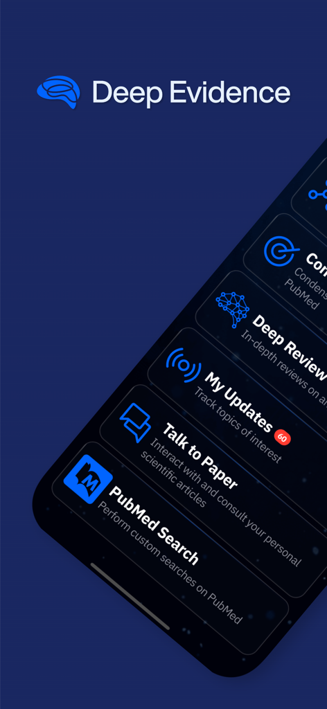 Deep Evidence: Clinical AI - Main menu of the Deep Evidence clinical AI app showing research tools like Deep Review and PubMed Search