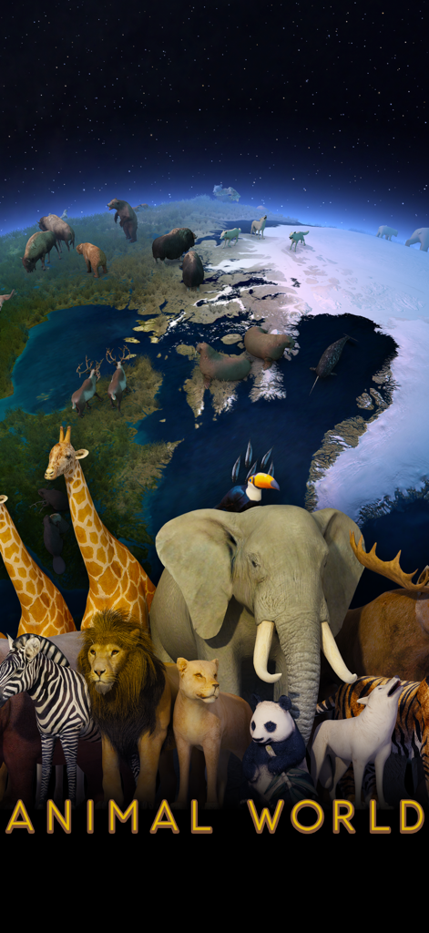 A group of various animals from around the globe including an elephant lion and panda with the title Animal World