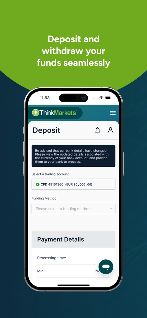 Mobile interface of the ThinkMarkets Portal app showing the deposit funds screen for a trading account.