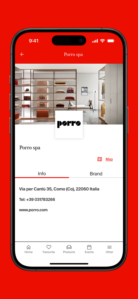 Salone del Mobile.Milano - Mobile app interface of Salone del Mobile Milano showing exhibitor information for Porro spa including address and showroom photo.