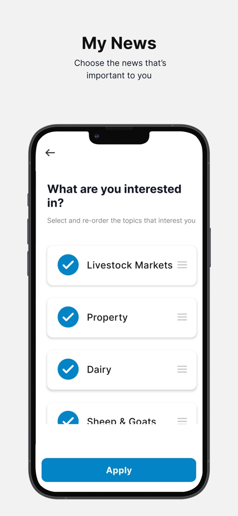 Stock & Land: News & Livestock - Setup screen for personalized agricultural news topics in the Stock and Land app
