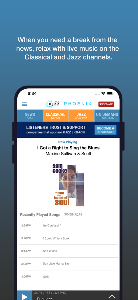 KJZZ Phoenix - KJZZ Phoenix app interface showing the live Jazz PHX music stream and recently played songs