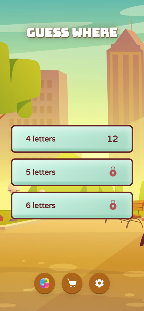 Tela principal do aplicativo Adivinhe Onde mostrando categorias de comprimento de palavras para quebra-cabeças de geografia.