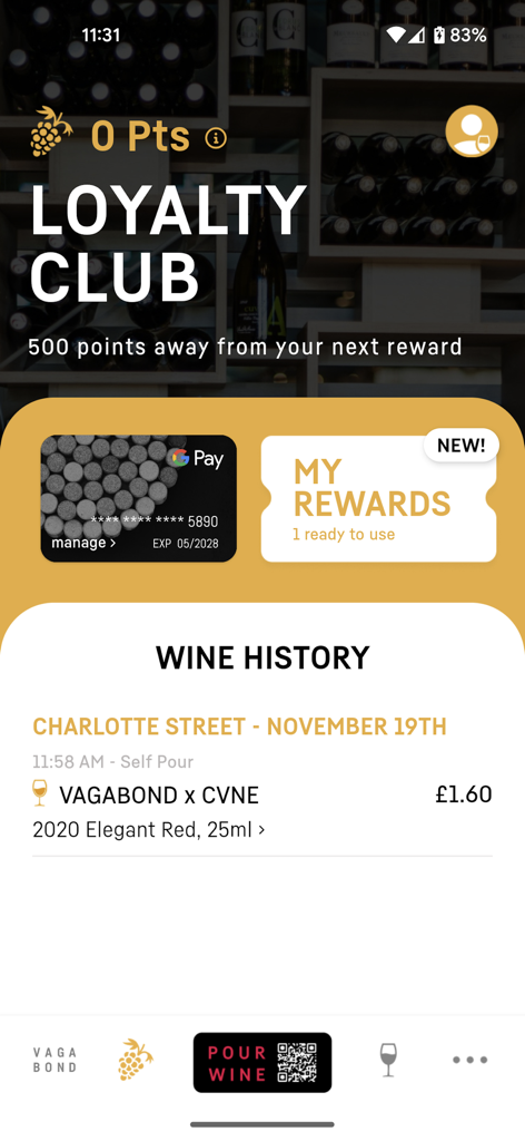 Vagabond Wines - Vagabond Wines mobile app loyalty club screen showing reward points and wine purchase history