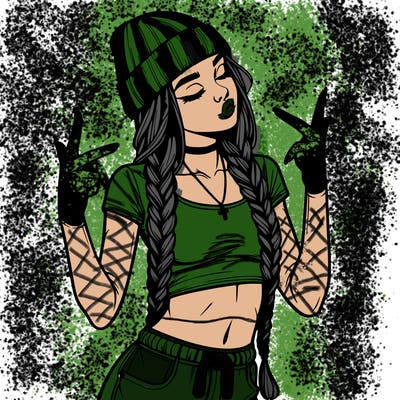 realistic teenage girl with braids and a beanie and crop top doing 🫶🏼