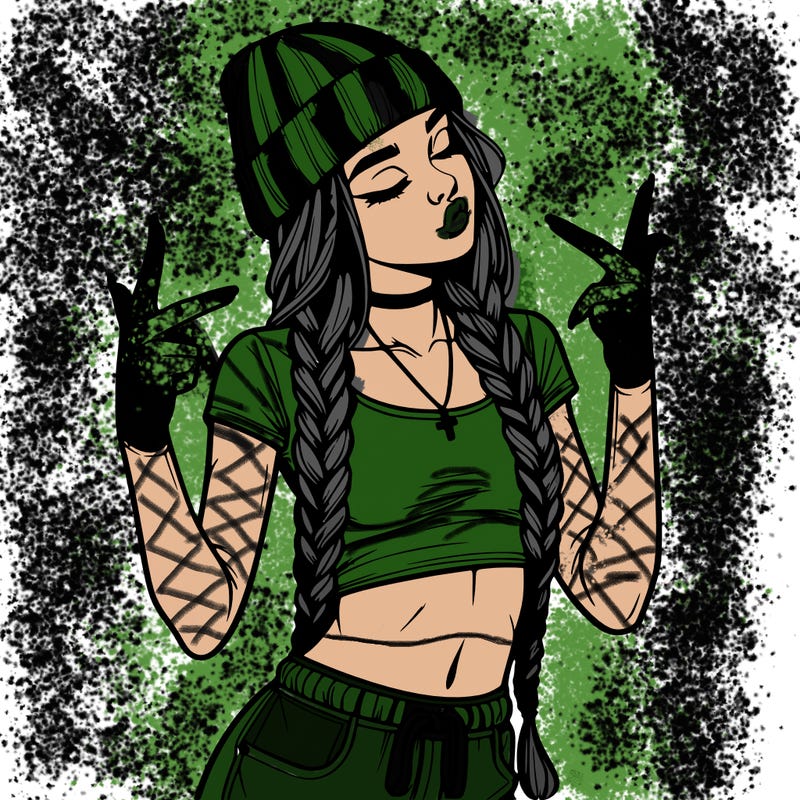 realistic teenage girl with braids and a beanie and crop top doing 🫶🏼