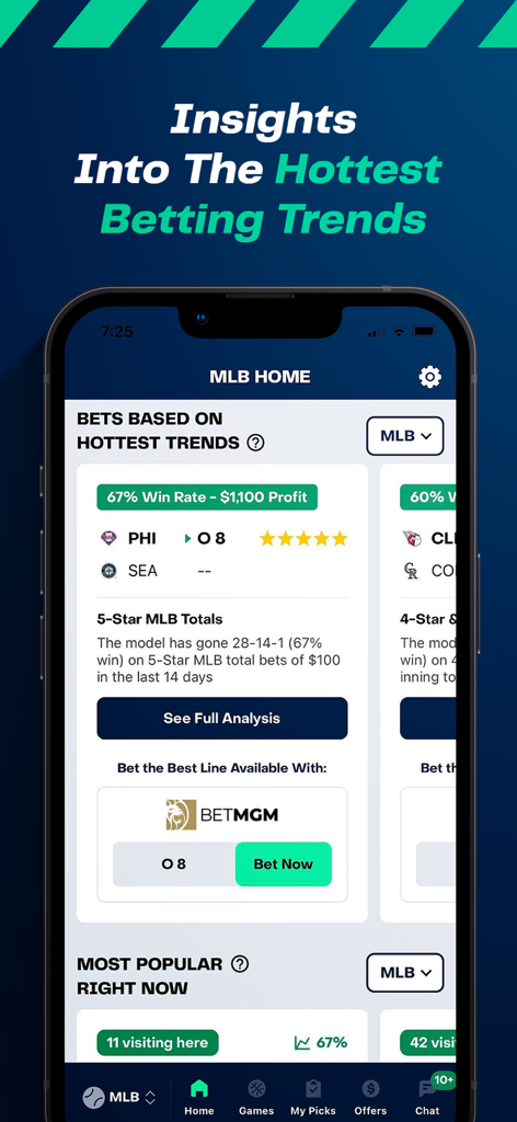 BetQL - Sports Betting - BetQL app interface showing MLB betting trends with a five star value rating and profit analytics for baseball games.