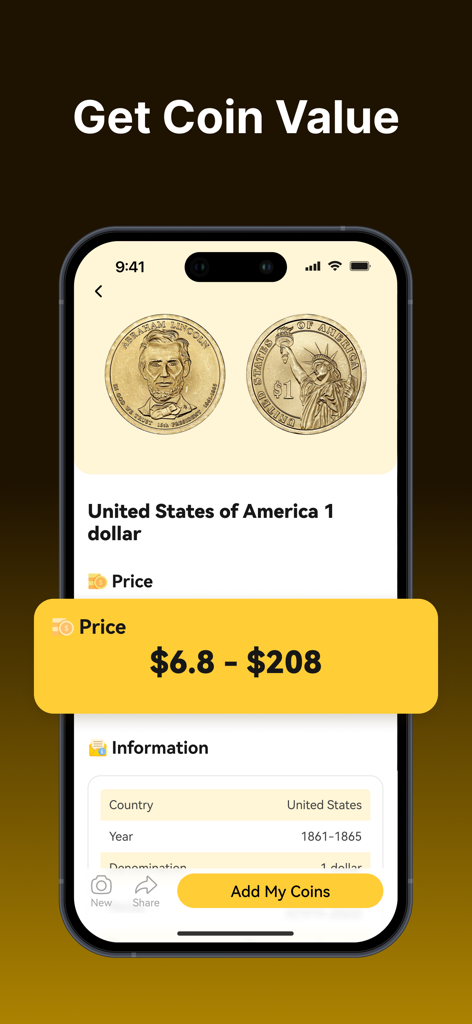 Interface of a coin identification app showing the estimated market value and historical details for a US one dollar coin.