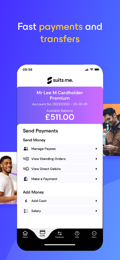 Suits Me - Banking Alternative - Benutzeroberfläche der Suits Me App, die Zahlungs- und Überweisungsoptionen mit dem Kontostand anzeigt