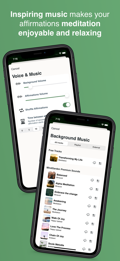 MindGarden: Daily Affirmations - Pantallas mostrando pistas de música de fondo y controles de volumen para afirmaciones en MindGarden