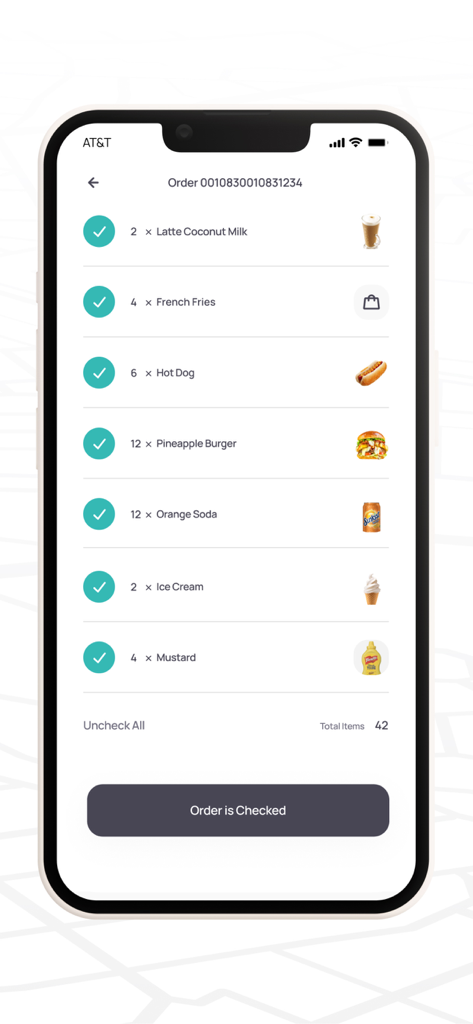 A mobile screen from the Delivery.com Driver app showing a verified checklist of food items for a customer order.