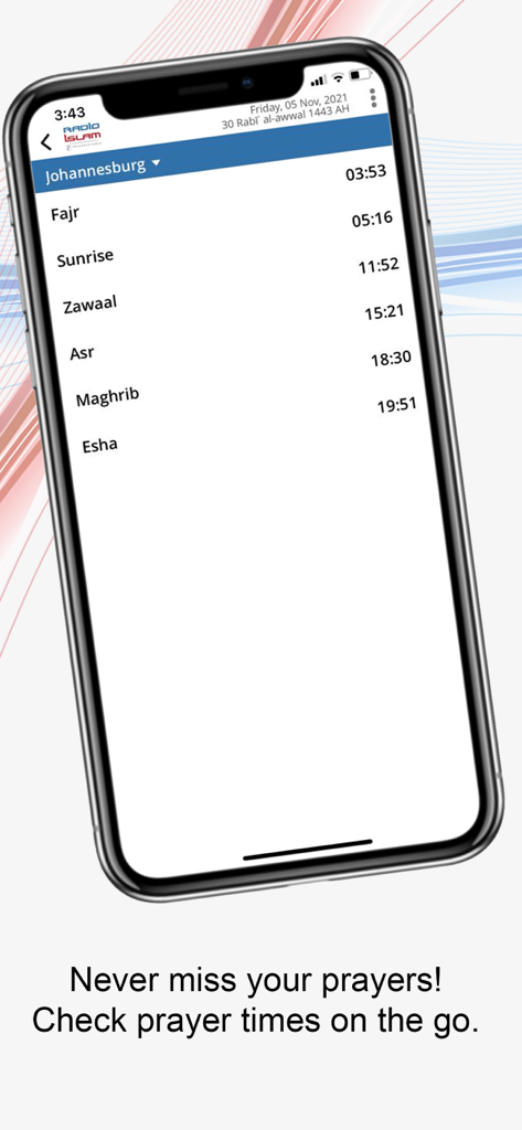 Radio Islam International - Mobile phone screen displaying Islamic prayer times for Johannesburg on the Radio Islam International app