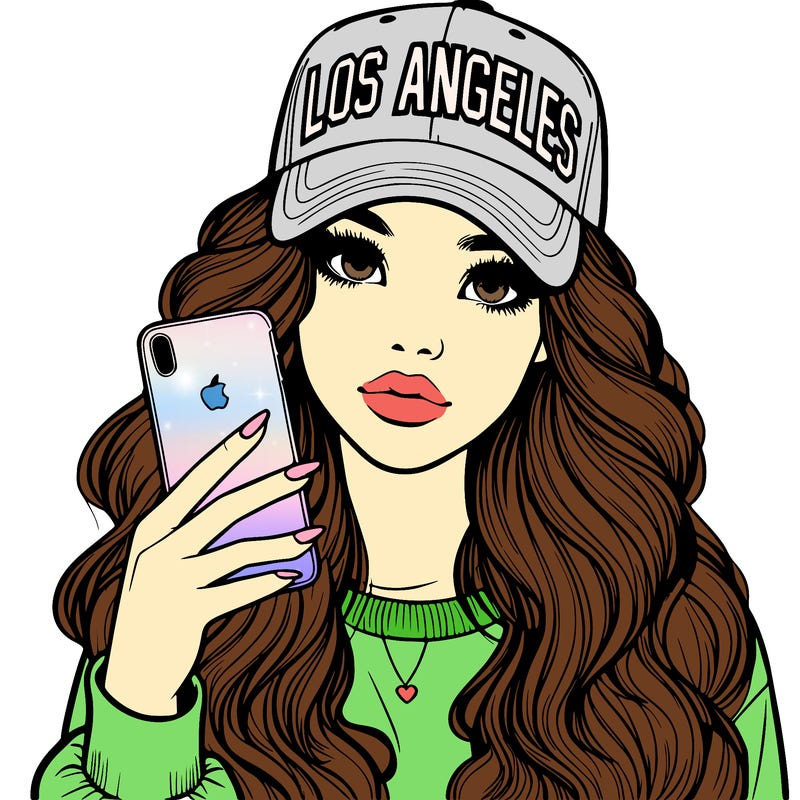 realistic beautiful girl wearing los ángeles cap holding an iphone