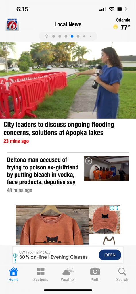 News 6 ClickOrlando - WKMG - A screenshot of the News 6 ClickOrlando app showing local news headlines and weather updates for Orlando.
