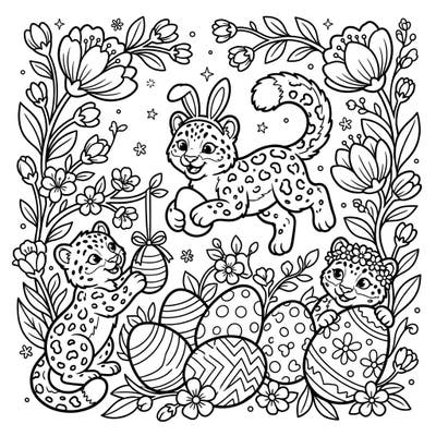 Hop into spring with this delightful Easter coloring page featuring playful snow leopard cubs! Discover a charming scene filled with decorated eggs and blooming flowers, perfect for a joyful coloring adventure.