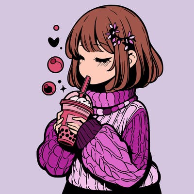 manga girl drinking boba in cozy sweater