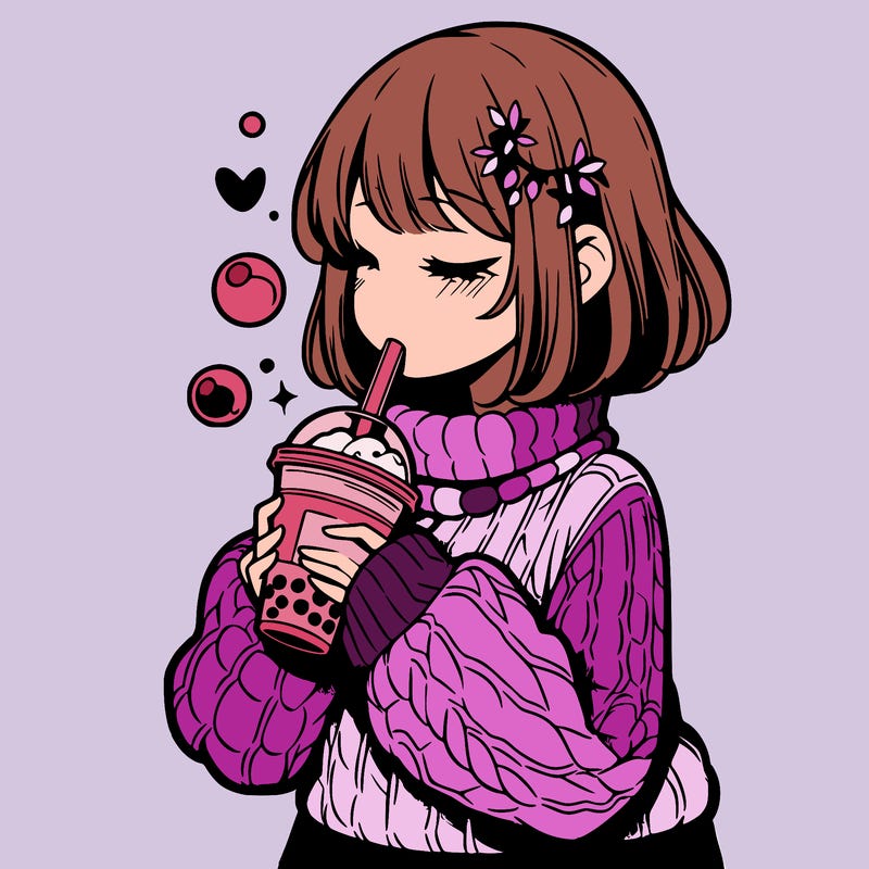manga girl drinking boba in cozy sweater
