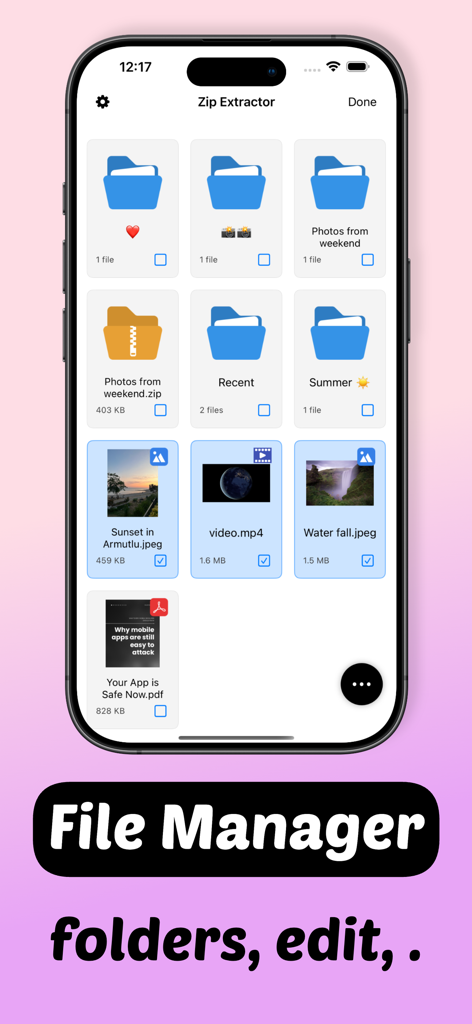 Zip Extractor: Unzip View File - Pantalla de iPhone mostrando la interfaz de la aplicación Extractor Zip con carpetas organizadas y previsualizaciones de archivos