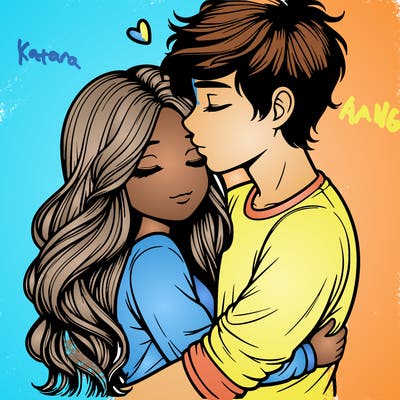 a realistic couple boy and girl hugging and kissing