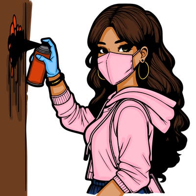 realistic girl with mask spray painting a wall