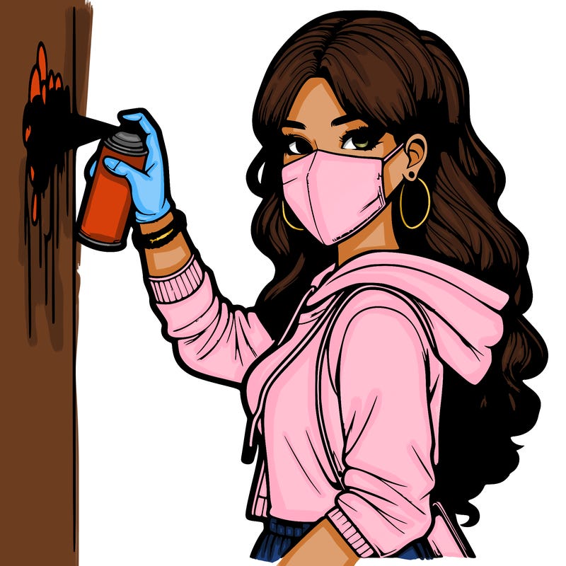 realistic girl with mask spray painting a wall