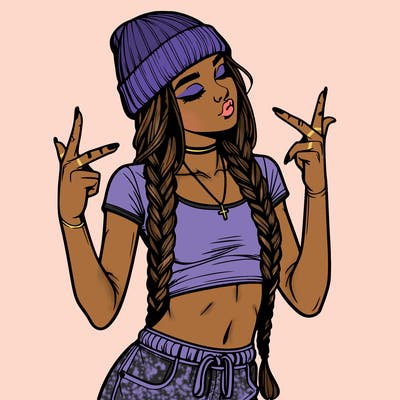 realistic teenage girl with braids and a beanie and crop top doing 🫶🏼